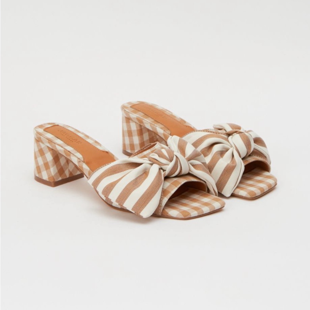 NWT JAGGAR Bow Stripe Toffee Brown Gingham Knotted Block Heel Sandals - Size 5